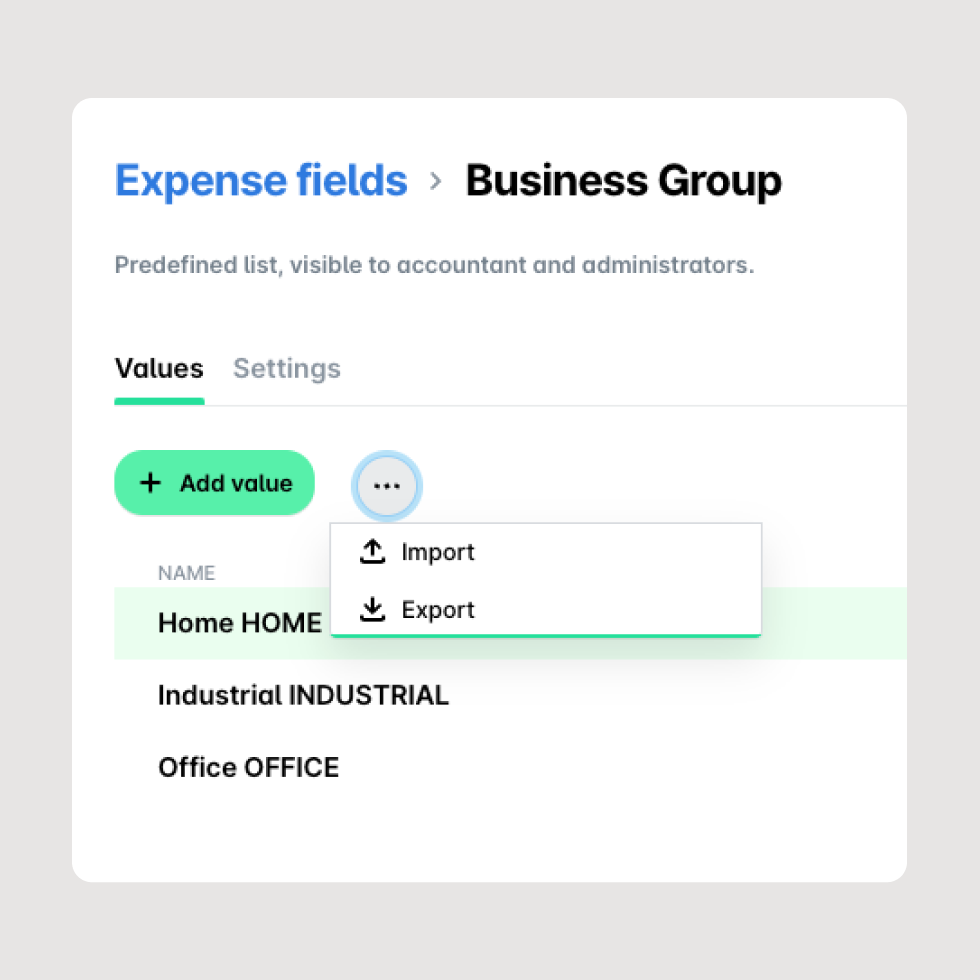 Export accounting and tracking categories with ease using Payhawk spend management solution. Filter by custom expense groups at a business group level for streeamlined multi entity management.